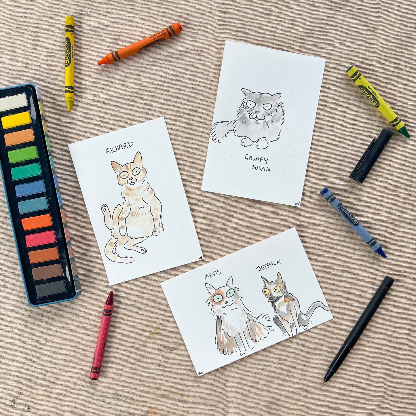 3 separate illustrations of cats. One is grey and called Grumpy Susan. A ginger cat called Richard has yellow eyes. The last portrait is of two cats called mavis and jetpack. They are very very good cartoons trust me.