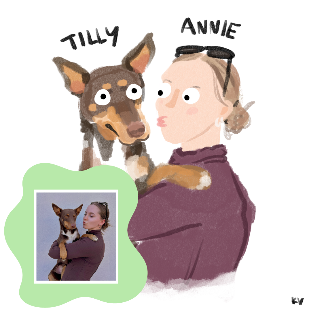 A pretty little lady holding a second pretty little lady (a dog with eyebrows called tilly)