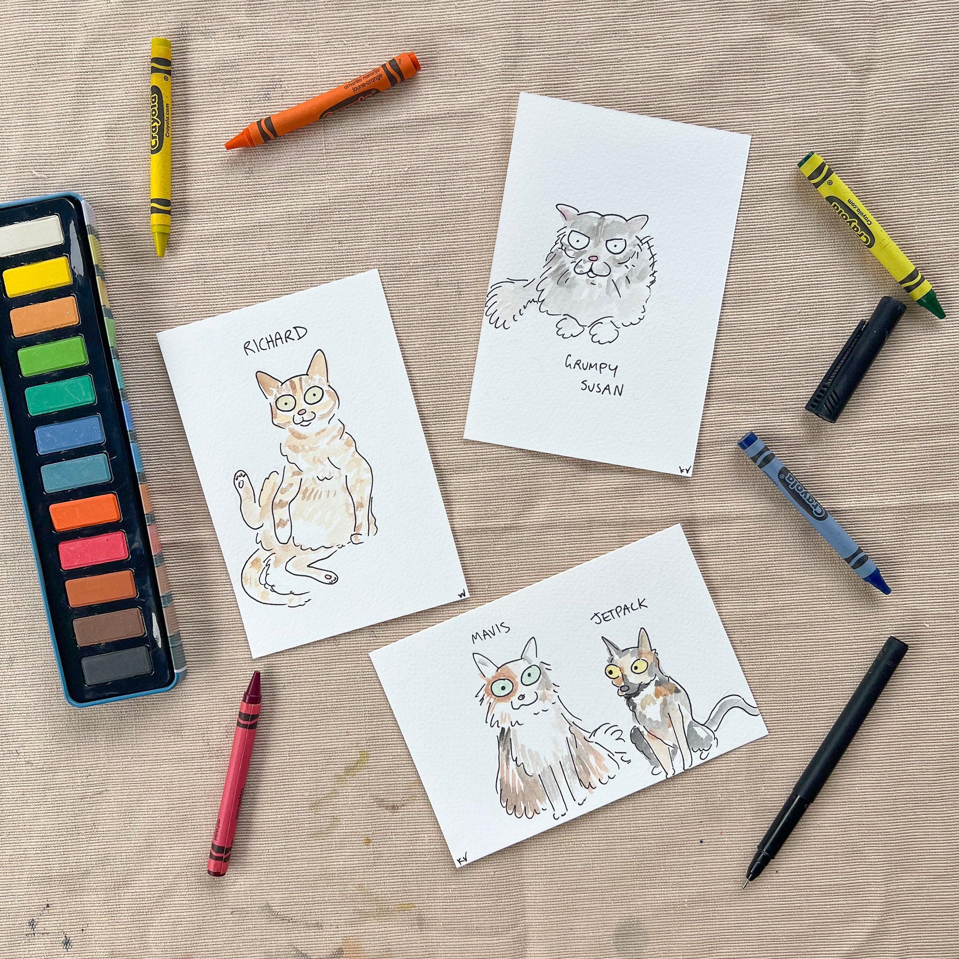 3 separate illustrations of cats. One is grey and called Grumpy Susan. A ginger cat called Richard has yellow eyes. The last portrait is of two cats called mavis and jetpack. They are very very good cartoons trust me.