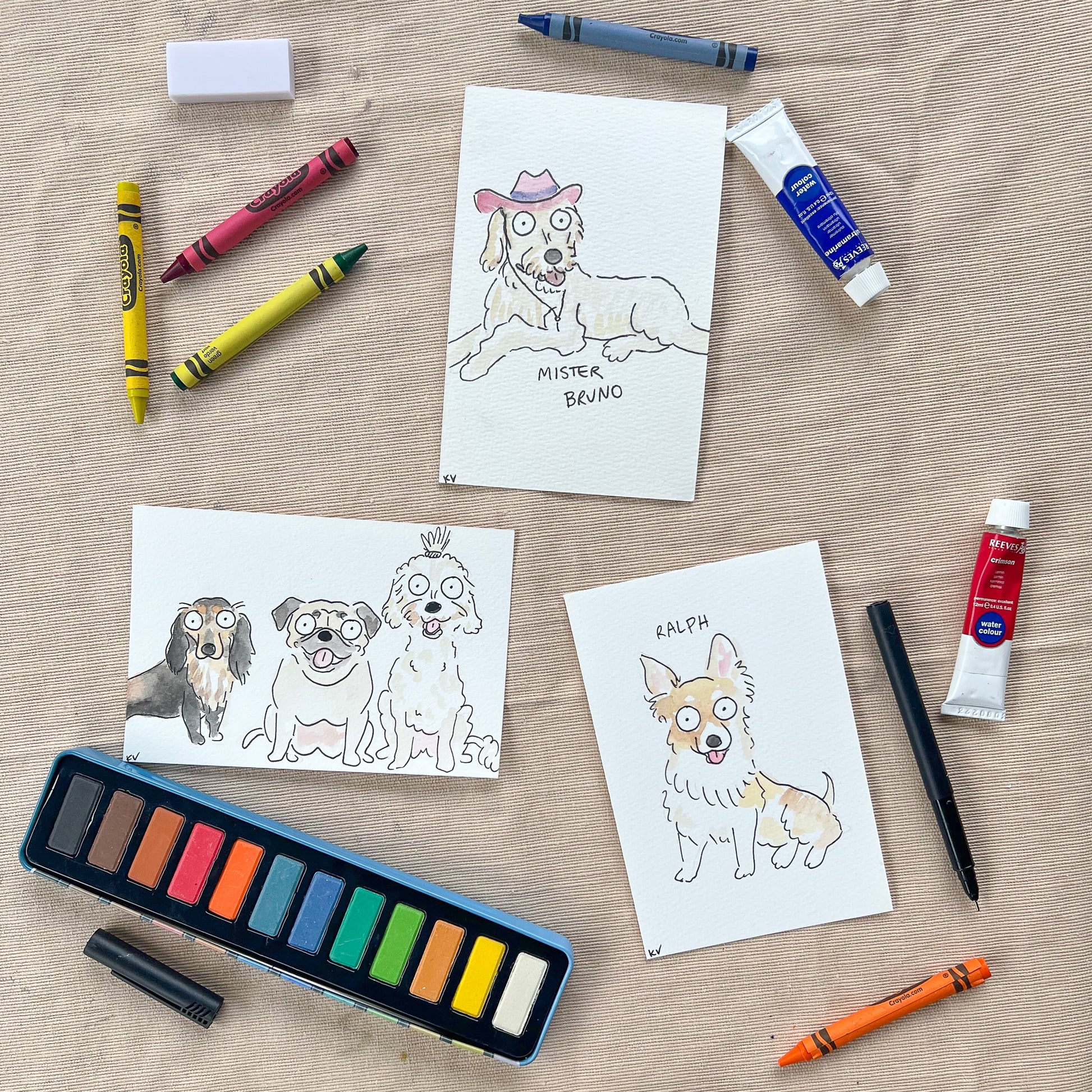 3 separate illustrations of dogs. They are all such beauties.