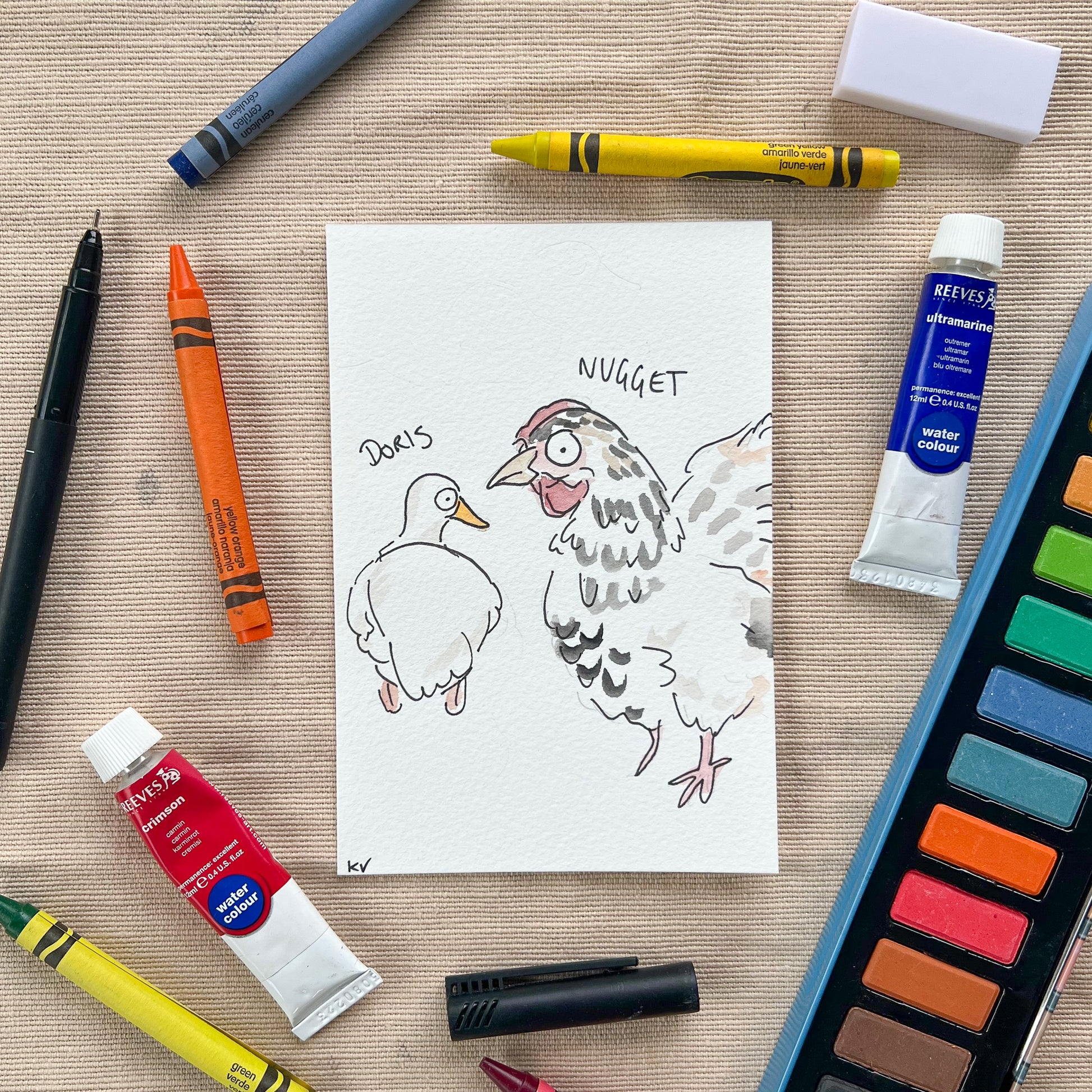 A very good quality bad portrait of a white duck and a chicken named nugget.