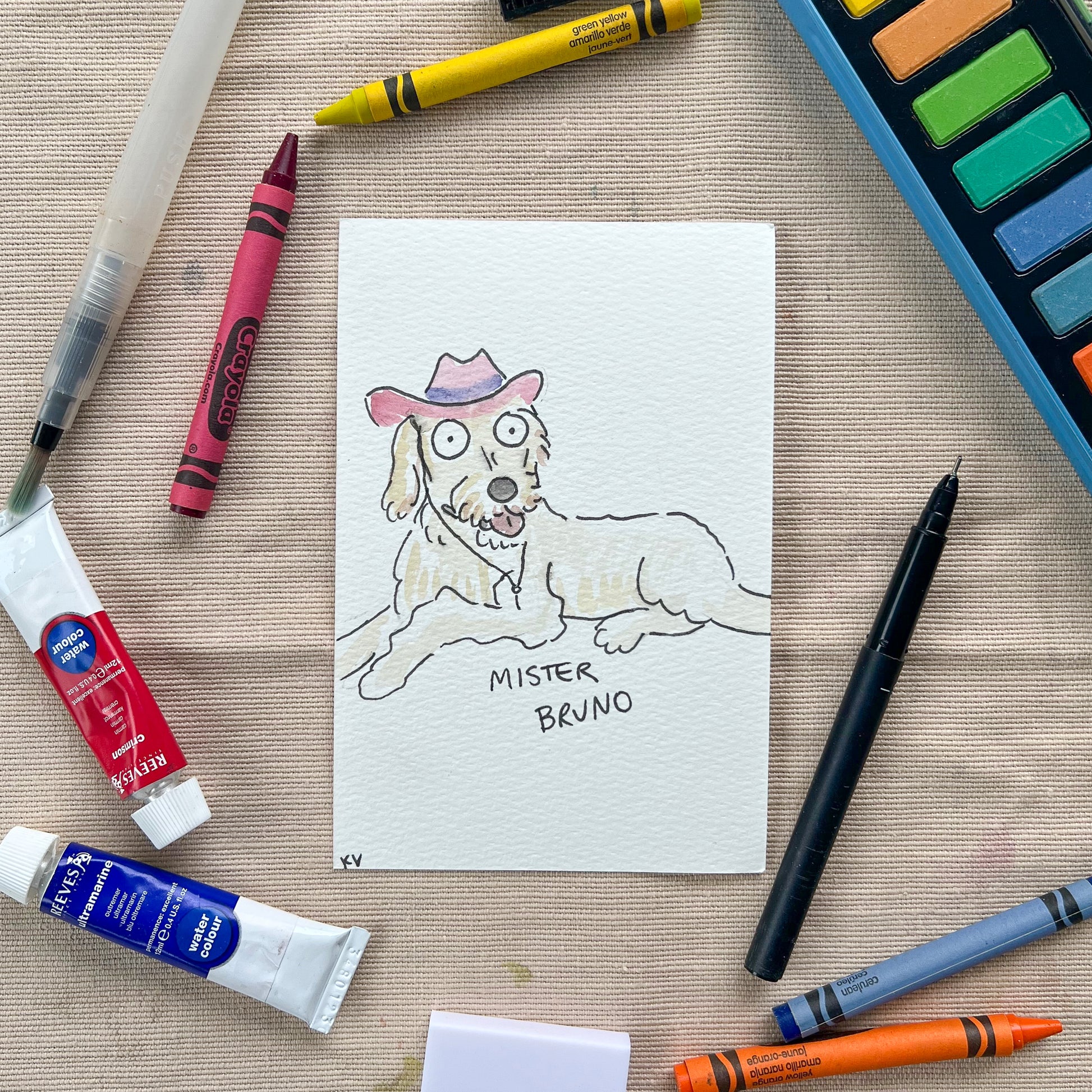 A portrait of a labrador / wolfhound in a cowboy hat. His name is Mister Bruno and his eyes are very goofy