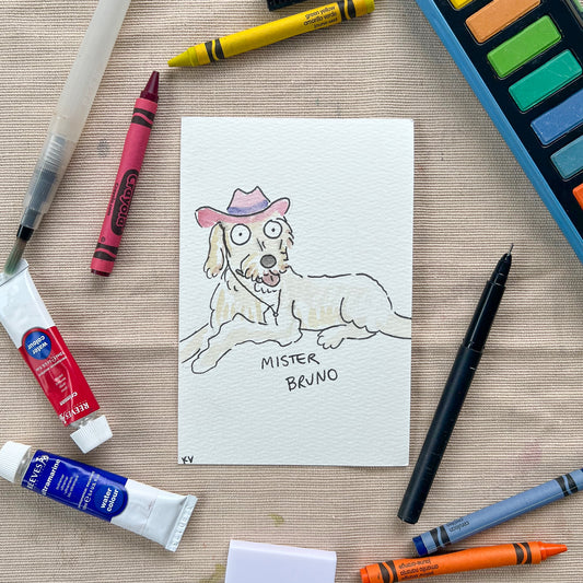 A portrait of a labrador / wolfhound in a cowboy hat. His name is Mister Bruno and his eyes are very goofy