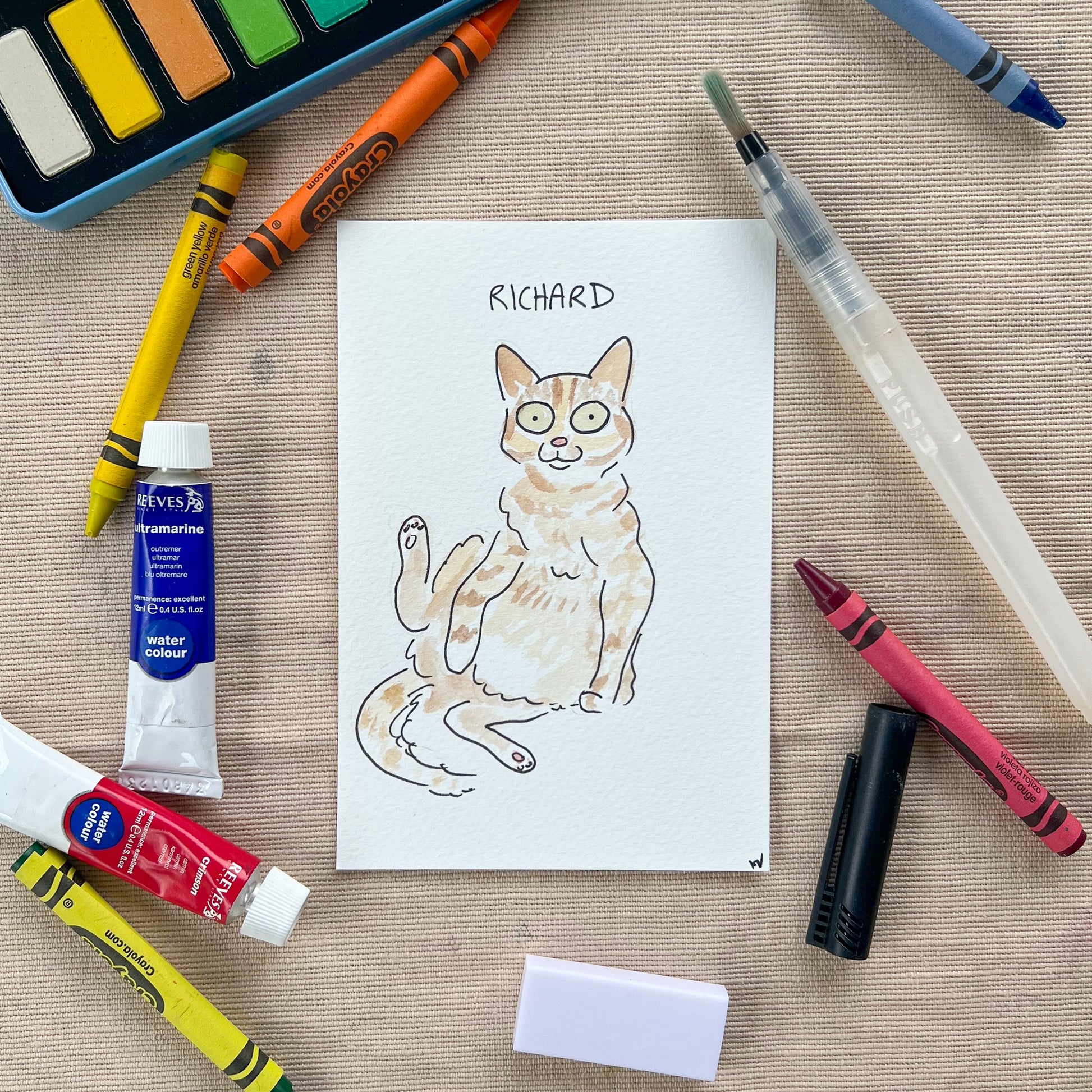 Illustration of cat with big eyes scratching his nether region.